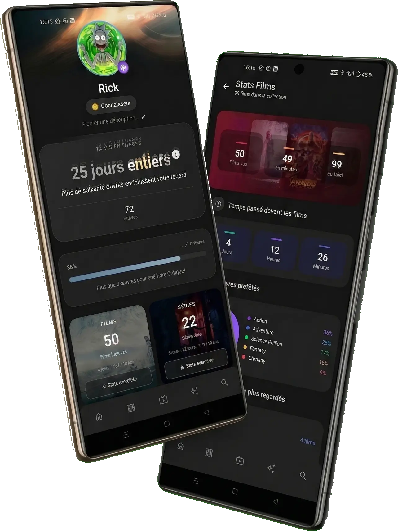 MyCollection Android app — user profile with viewing statistics, progression badges and media collection overview