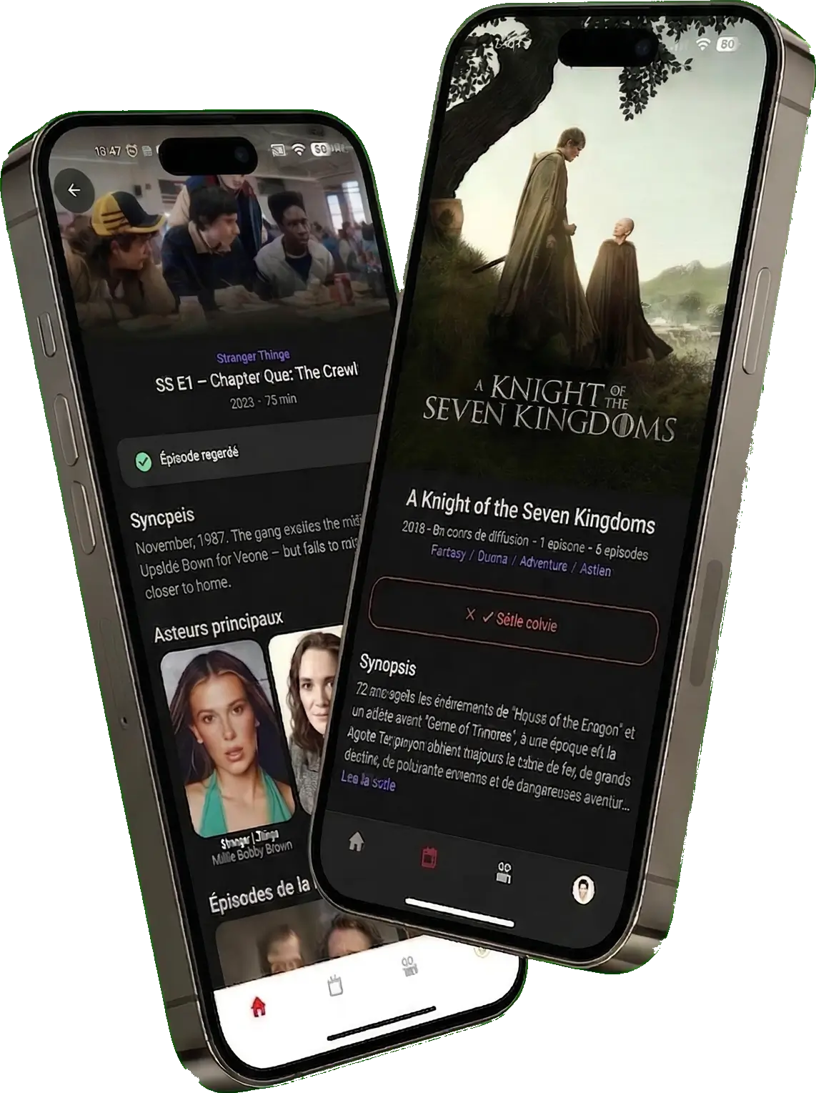 MyCollection Android app — movie and series detail screen with episode guide, watchlist and cast information
